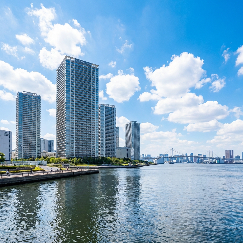 豊洲エリアのタワーマンション群と東京湾