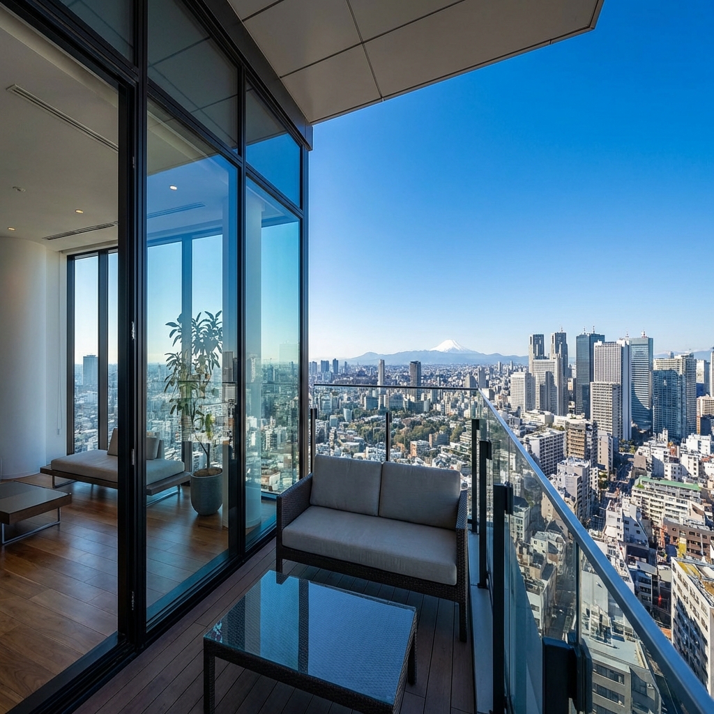 タワーマンションのバルコニーから望む東京の眺望